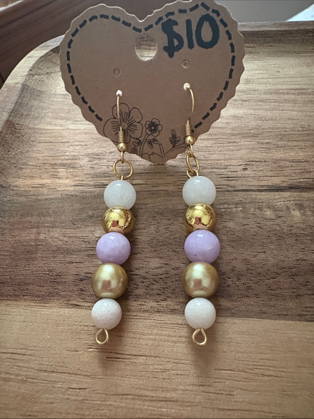 Handmade Gold & Lavender Beaded Drop Earrings w/ Quartz
